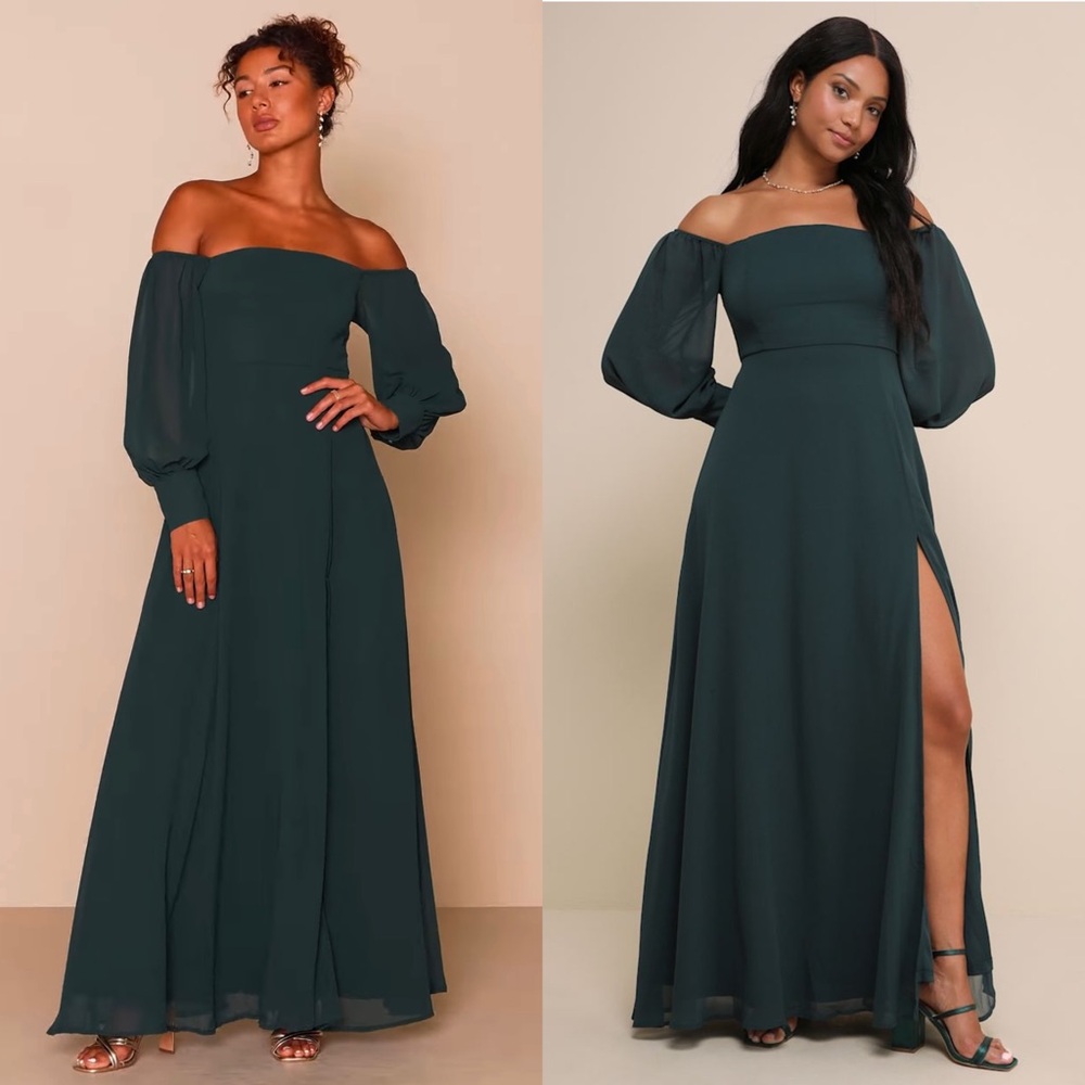 NWT LULUS Off Shoulder Puff Long Sleeve Wedding Guest Formal Princesscore Gown L